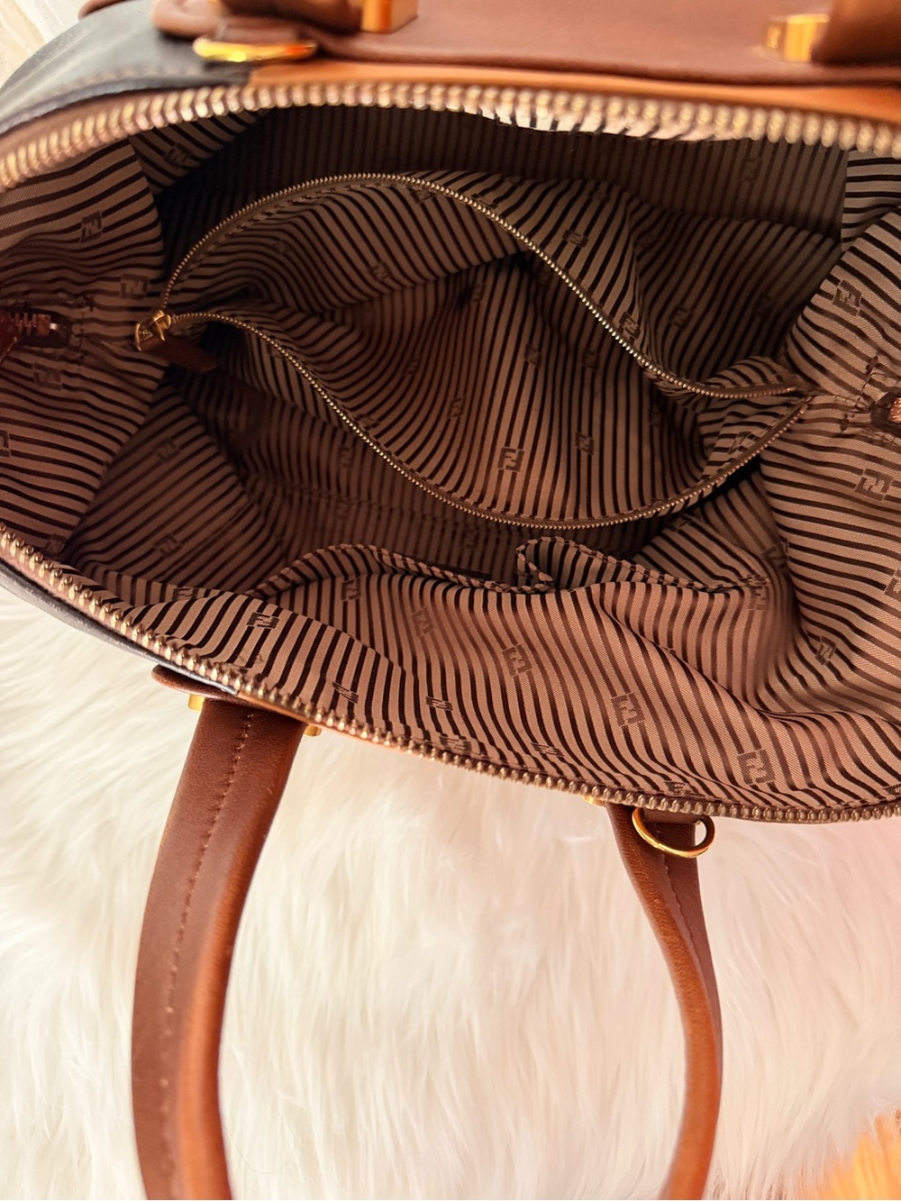 Fendi Two-Tone Brown Dark Brown and Black Leather Satchel with Gold Accents - Picture 12 of 13